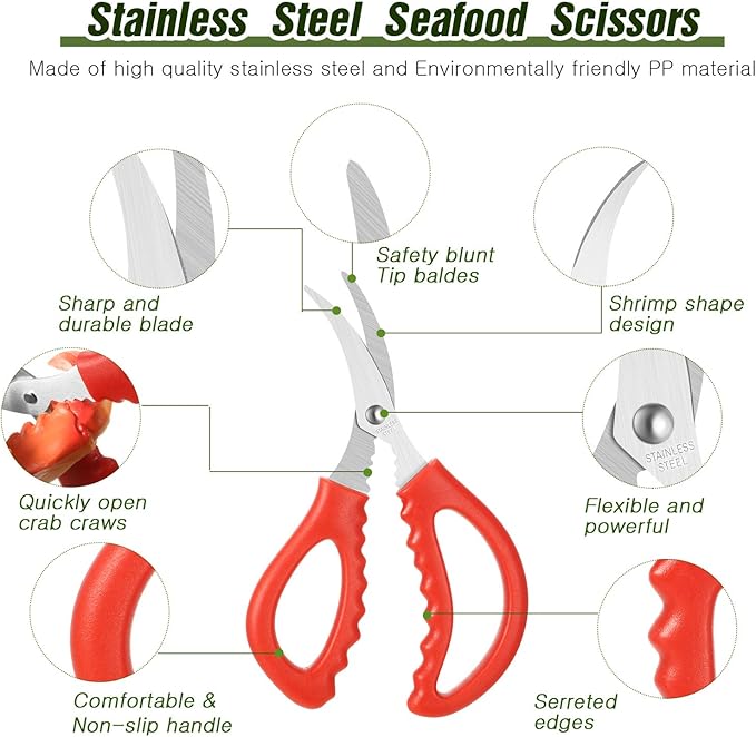 Honoson 6 Pieces Kitchen Seafood Scissors Multifunctional Stainless Steel Shears Seafood Fish Crab Shrimp Lobster Scissors for Kitchen Peeling Tools (Red)