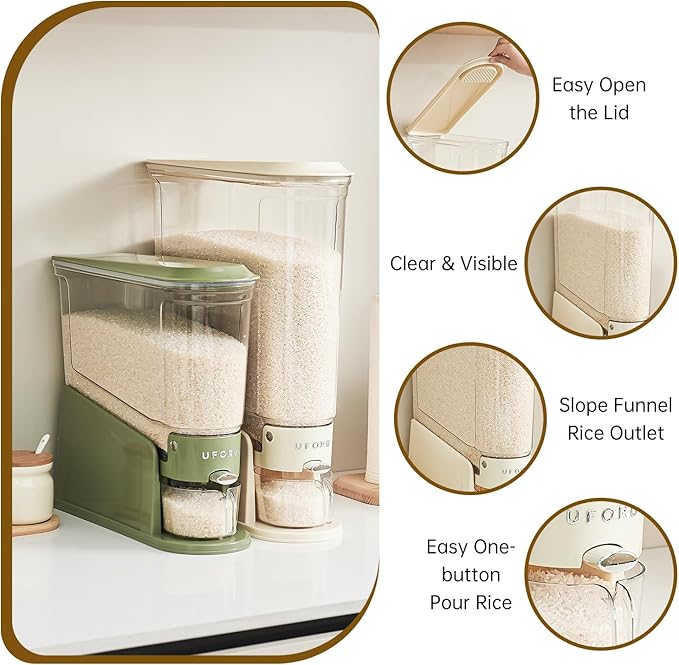 Rice Dispenser 22Lbs, Slim Rice Storage Container for Small Space, BPA-Free Clear Dry Food Dispenser Sealed Moisture Proof, Grain&Cereal Storage Bucket for Kitchen Pantry Household,Green