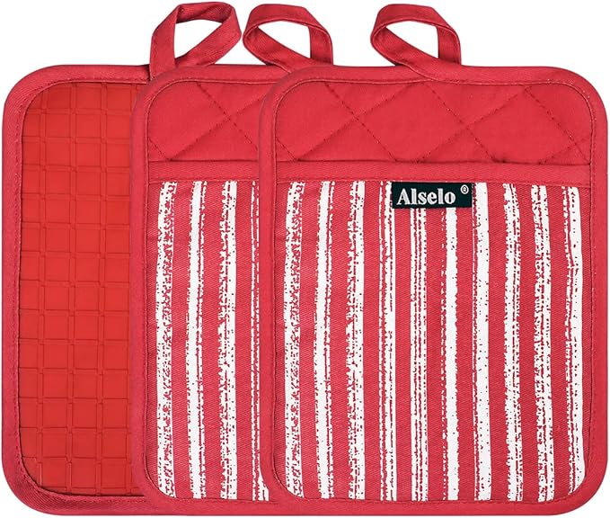 Silicone Pot Holders Set of 3 Heat Resistant & Non Slip Potholders, Professional Oven Hot Pads with Pockets Mitts for Kitchen Cooking Baking Barbecue (3, Red)