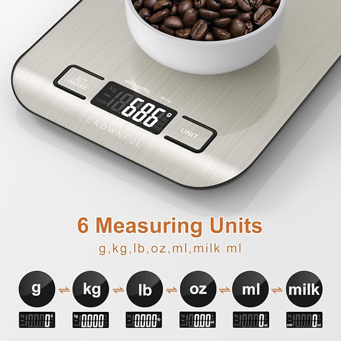 CROWNFUL Food Scale, 11 lb Digital Kitchen Scales with Built-in Coin Battery, Weight Ounces and Grams for Cooking and Baking, 6 Units with Tare Function, LCD Display, 304 Stainless Steel