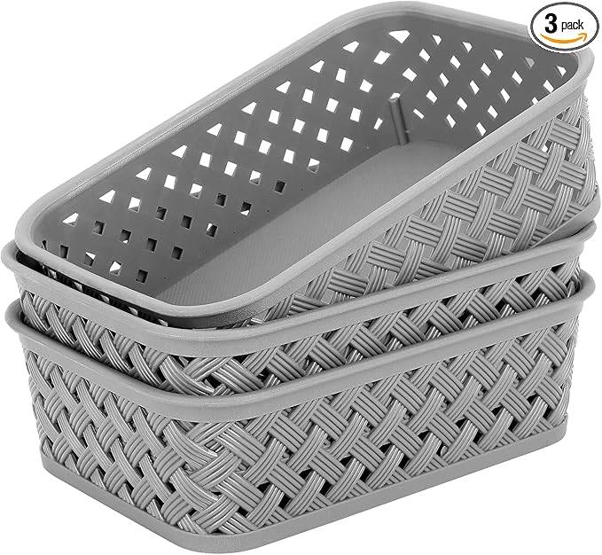 MaxGear Organization and Storage 3 Packs, Plastic Bins Organizer Bins, Woven Baskets for Storage, Plastic Baskets with Handles, Grey Basket for Organizing, Basket Organizer for Home and Office, Small