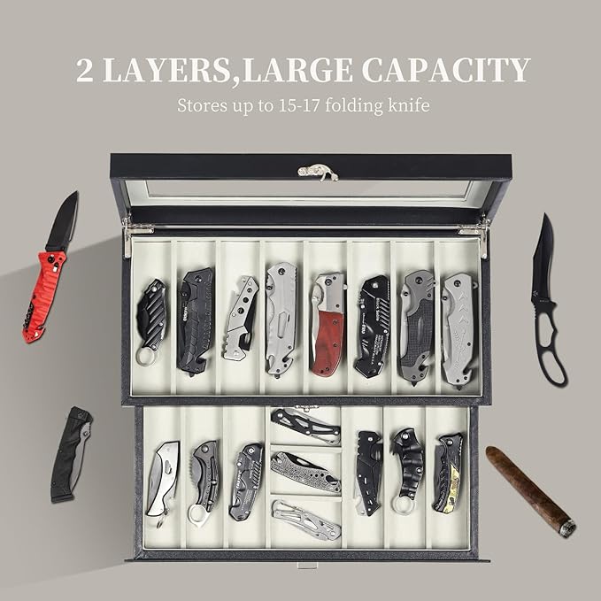 AUTOARK 2-Tier PU Leather & Velvet Knife Organizer with 17 Slots,Transparent Glass Top & Drawer,Compact Storage for Pocket Knives,Perfect for Men's Collections & Gifts,Black,MKAW015