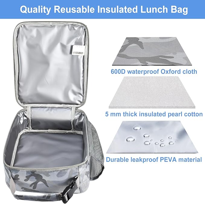 Insulated Lunch Bag, Leakproof Portable Lunch Box for Women Men Boys Girls, Large Capacity Cooler Bag for Office School Camping Hiking Outdoor Beach Picnic (Camo Grey)