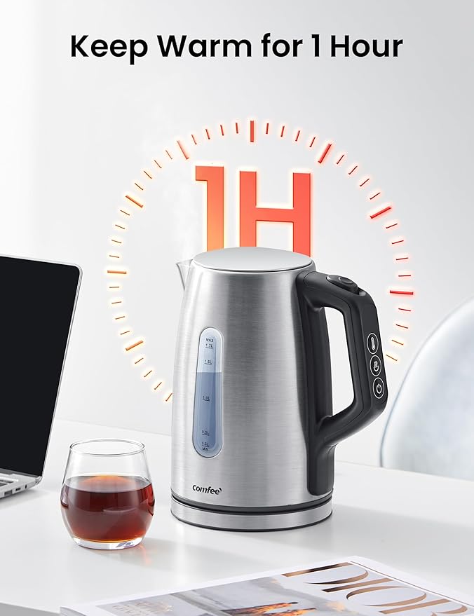 COMFEE' Stainless Steel Electric Kettle, Temperature Control with 6 Presets, 1-Hr Keep Warm, Kettle Water Boiler 1.7 Litres, 1500W with Viewing Window, Auto-Off and Boil-Dry Protection