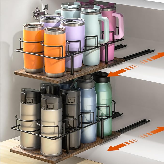 Housolution 2 Pack Pull Out Water Bottle Organizer for Cabinet, Slide Out Tumbler Storage Organizer for 10 to 40 oz Cups, Sliding Cup Holder Rack Compatible with Stanley and Other Brands (Patented)
