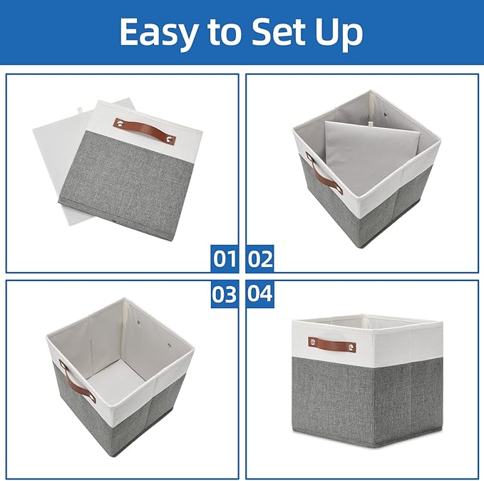 Temary Cube Storage Bins 4 Pack Storage Cubes 11×11 Fabric Storage Bins Foldable Cube Storage Baskets with Handles, Collapsible Storage Basket for Shelf (White & Grey, 11 x 11 x 11)