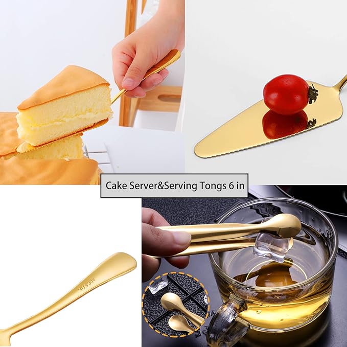 6 PCS Stainless Steel Serving Utensils, Large Serving Spoons Slotted Spoons, Forks, Ice Suger Tongs, Cake Server, Soup Ladle, Metal Utensils Set Great for Buffet Catering Banquet Party, Gold