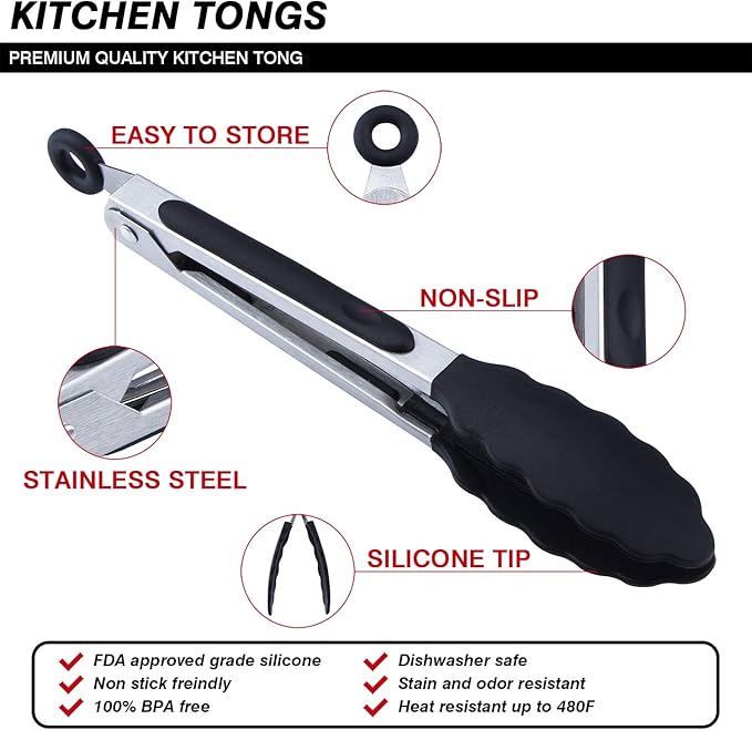 7 inch Cooking Tongs, MSY BIGSUNNY Set of 3 Mini Kitchen Tongs Silicone Serving Tongs With Silicone Tips for FoodGrill, Salad, BBQ (black)