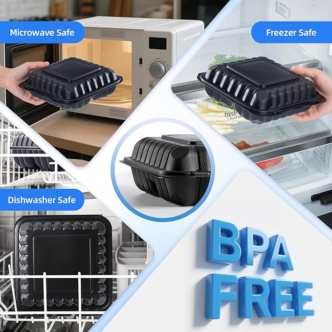 YANGRUI Takeout Containers 8 Inch 34 oz 55 Pack - Mineral Filled BPA Free Polypropylene Plastic | Shrink Wrapped Freezer & Microwave Safe | Black Reusable Hinged Clamshell Food Container