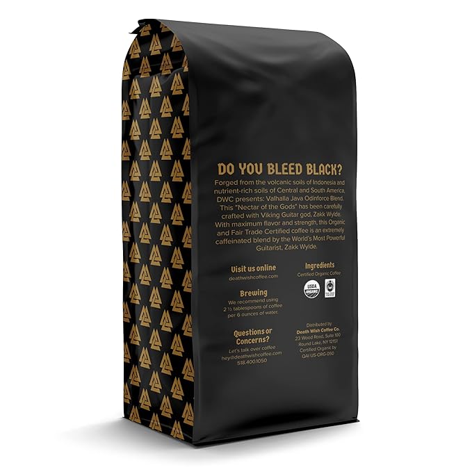 Death Wish Coffee, Valhalla Java Odinforce Blend - Whole Bean Dark Roast - Extra Kick of Caffeine - Arabica & Robusta Beans - 12 Ounce (Pack of 2)