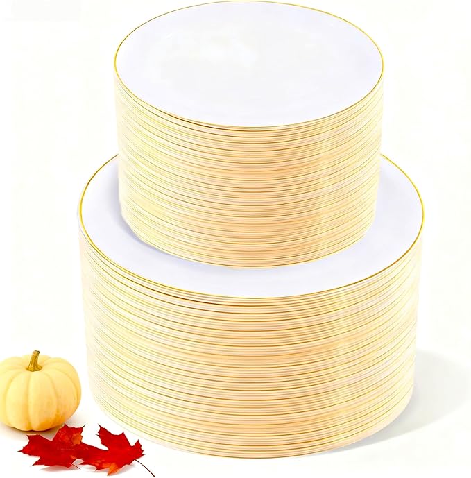 KIRE 200PCS Gold Plastic Plates - Disposable Plates for Party - White Plastic Plates with Gold Rim Include 100 for Dinner and 100 for Dessert/Salad in Wedding/Thanksgiving