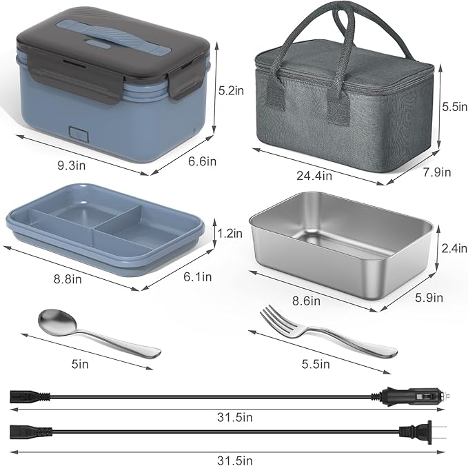 Electric Lunch Box Food Heater 100W, 4 in 1 Ultra Quick Heated Lunch Boxes for Adults 12V/24V/110V/220V Portable Food Warmer for Car/Truck/Office With Fork Spoon and Insulated Carry Bag
