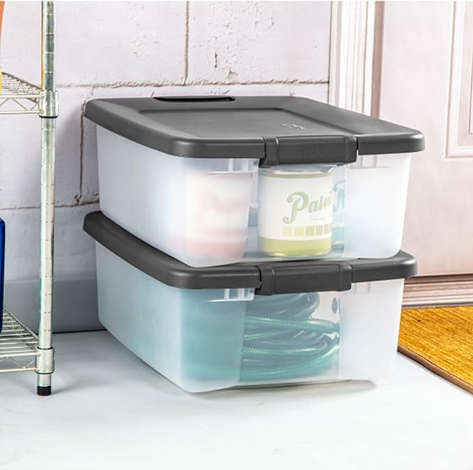 Sterilite 12-Pack ShelfTote, Clear Plastic Storage Bins with Lids, 25 Quart, Gray - Stackable Organizing Container Boxes for Closet, Bathroom, and Office