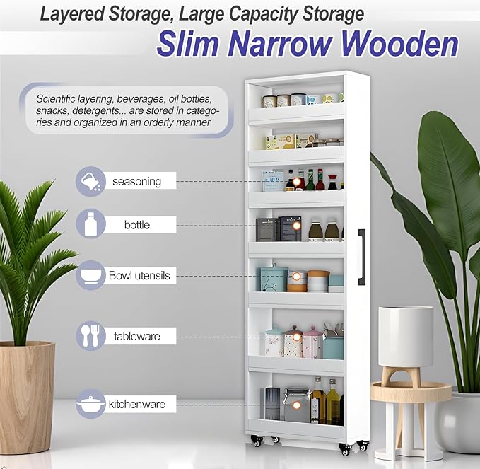 7-Tier Slim Storage Cart, Wooden Rolling Pantry Cabinet with Wheels, Narrow Shelf Organizer for Kitchen, Bakers Rack, Dining Room, Closet, Small Spaces Gray 47.2" H*5.9" W*23.6" D