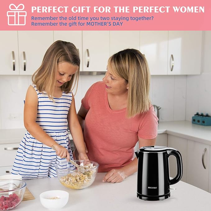 Secura Stainless Steel Double Wall Electric Kettle Water Heater for Tea Coffee w/Auto Shut-Off and Boil-Dry Protection, 1.0L (Black) SWK-1001DB/HB-K012