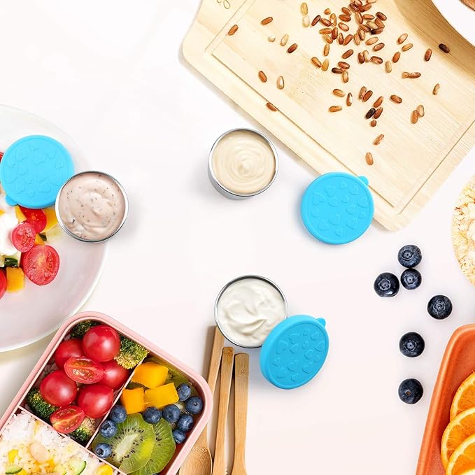 FANGSUN Dressing Containers to Go for Condiments, Salad Dressing, Dips, Snacks, Stainless Steel Dipping Sauce Cups, Fits in Bento Box for Lunch, Mini Food Storage Containers with Lid (Blue)