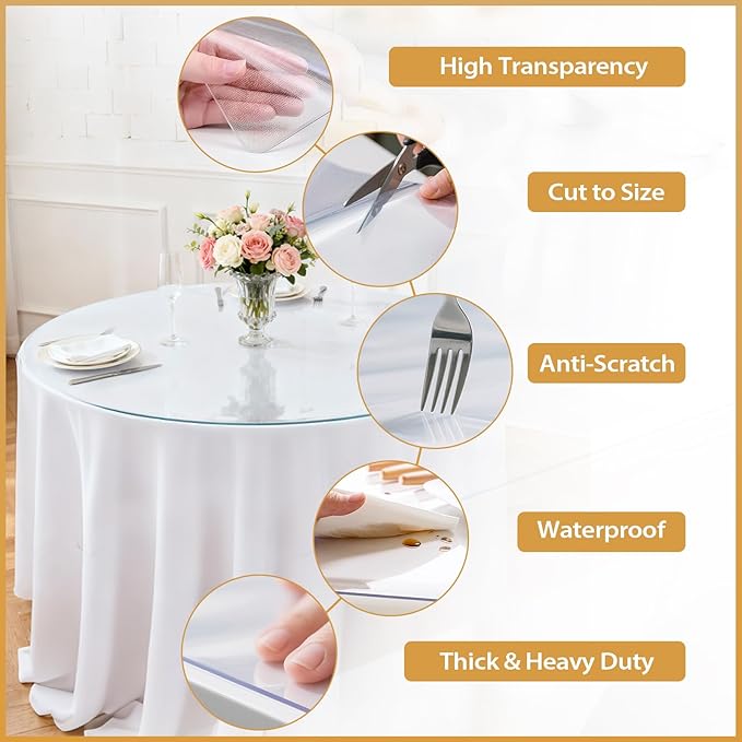 Round Frosted Table Cover Protector 48 Inch - 2mm Thick Waterproof PVC Furniture Protective Pad for Dining Room Tabletop