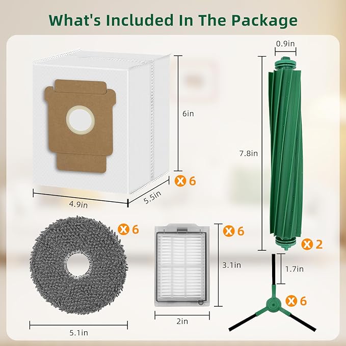 26 Pack Replacement Kits for irobot Roomba Plus 405 Combo & 505 Combo Vacuum Cleaner, 2 Roller Brush, 6 Filters, 6 Side Brush, 6 Mop Pads, 6 Vacuum Bags Replacement Parts, 1 cleaning brush