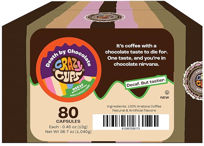Crazy Cups Flavored Coffee Pods, Decaffeinated Death by Chocolate Coffee, Single Serve Hot or Iced Medium Roast Coffee for Keurig K Cups Machines, 80 Count