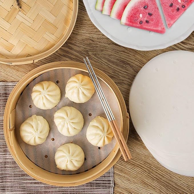 100pcs Air Fryer Liners, Vancens 7.5 inches Bamboo Steamer Liners, Premium Perforated Parchment Steaming Papers, Non-Stick Steamer Mat, Perfect for 3.5 & 3.7QT Air Fryers/Baking/Cooking