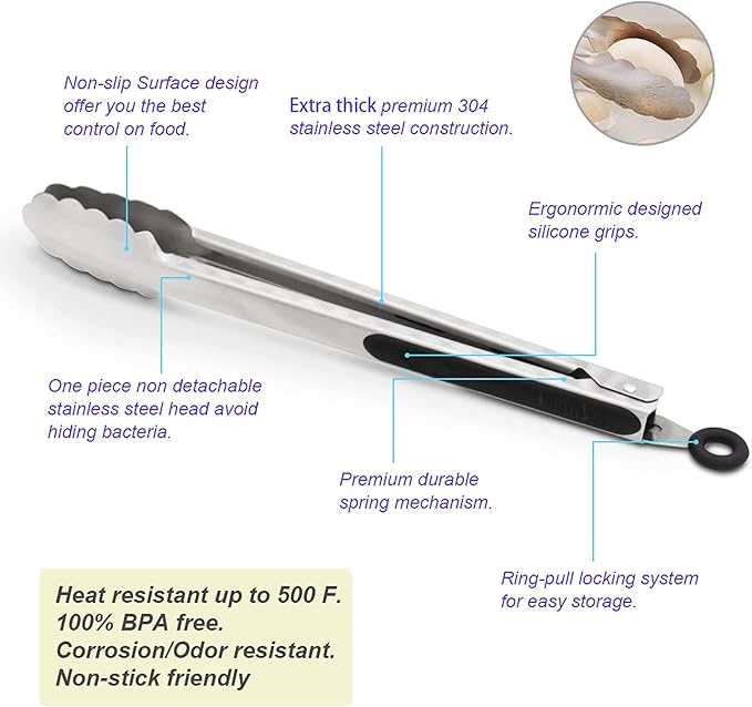 304 Stainless Steel Kitchen Cooking Tongs, 12" and 14" Set of 2 Sturdy Grilling Barbeque Brushed Locking Food Tongs with Ergonomic Grip, Black