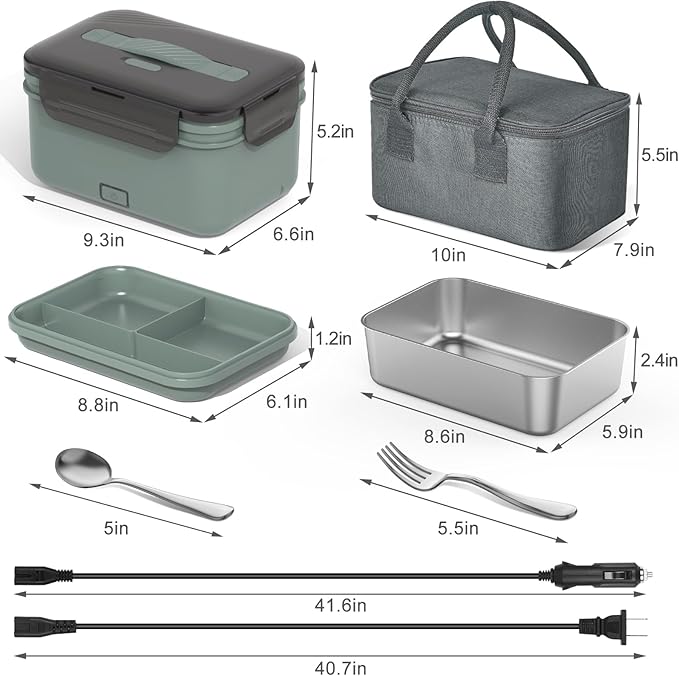 Electric Lunch Box Food Heater 100W, 4 in 1 Ultra Quick Heated Lunch Boxes for Adults 12V/24V/110V/220V Portable Food Warmer for Car/Truck/Office With Fork Spoon and Insulated Carry Bag