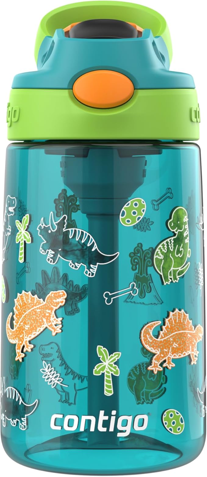 Contigo Aubrey Paw Patrol Leak-Proof Spill-Proof Water Bottle with Autospout, 14oz, Juniper (Dino GFX), Green and Blue