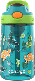 Contigo Aubrey Paw Patrol Leak-Proof Spill-Proof Water Bottle with Autospout, 14oz, Juniper (Dino GFX), Green and Blue