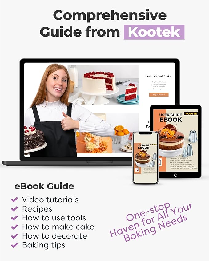 Kootek 71PCs Cake Decorating Kit, Baking Supplies Tools - Includes Cake Stand Turntable, 12 Icing Piping Tips Set, 2 Frosting Spatulas, 3 Scrapers, 50+2 Piping Bags, Coupler, Video Tutorial, Booklet