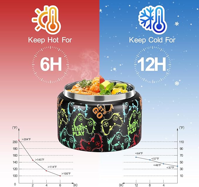 MAISON HUIS 8oz Soup Thermo Wide Mouth Vacuum Insulated Food Jar, Leak Proof Stainless Steel Hot&Cold Lunch Container for Kids (Black-Games Console)
