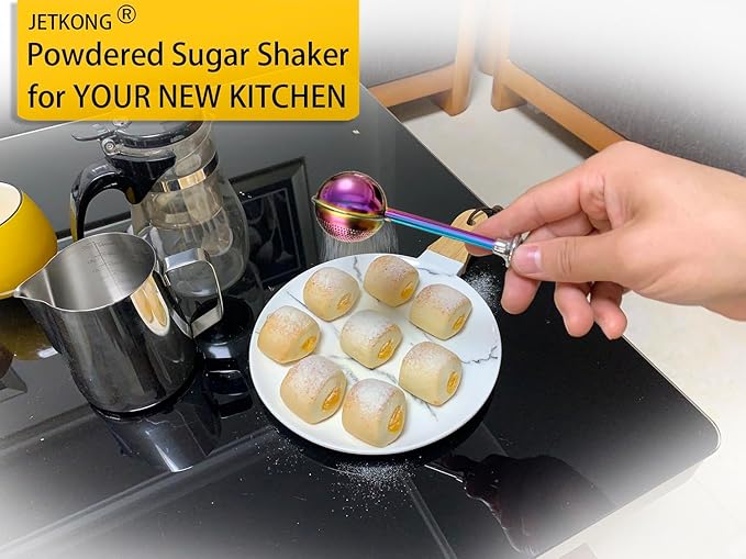 JETKONG Powdered Sugar Shaker Duster Flour Dispenser Shaker with 18/8 Stainless Steel Spring-operated Handle for Sugar Flour and Spices (Rainbow)