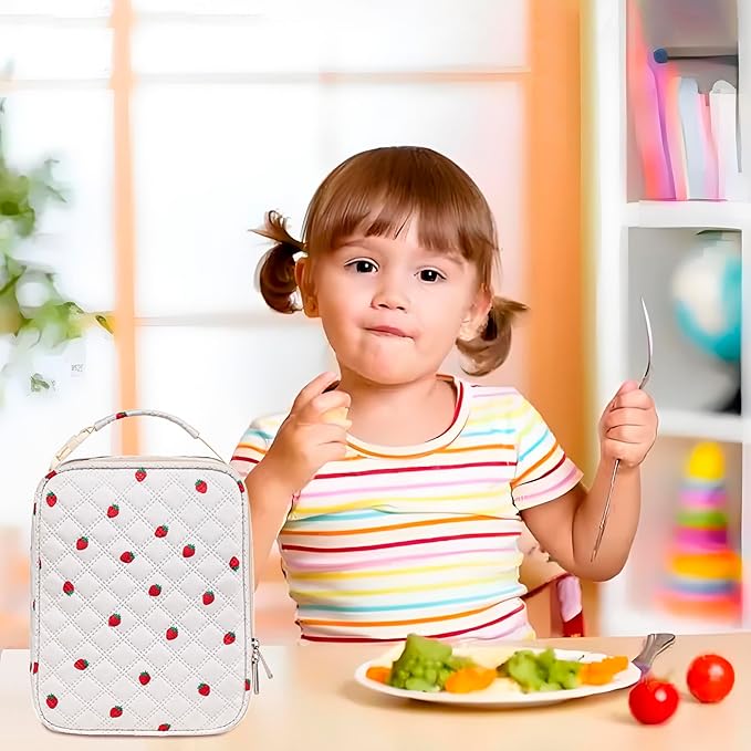 TuErCao Cute Strawberry-Print Lunch Box Kids for School, Compact Reusable Tote LunchBox for Girls for School, Office, Picnic, Lightweight Small Lunch Bag Fits Bento Boxes, Snack and Foods