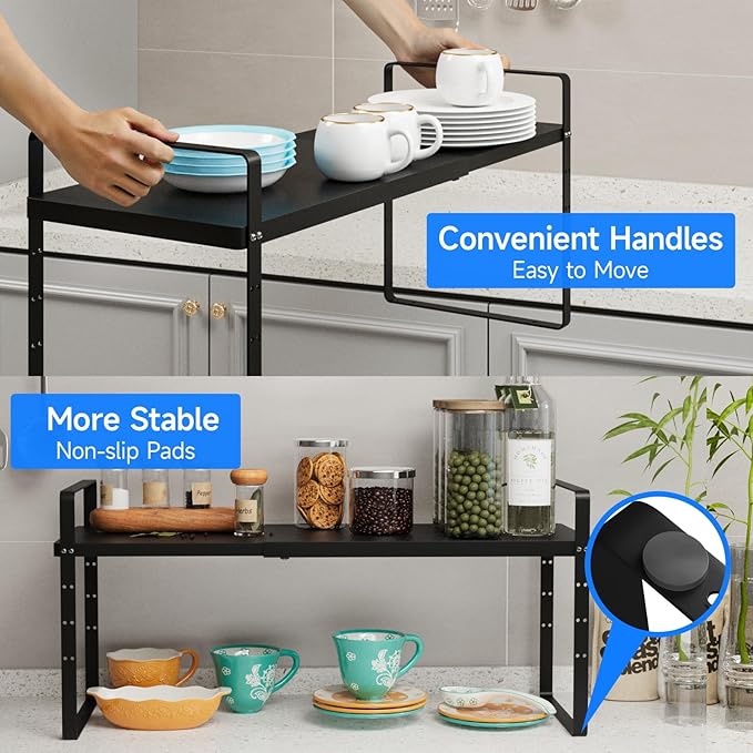 Expandable Cabinet Shelf Organizer, Stackable Kitchen Pantry Counter Storage, Adjustable Closet Cupboard Stand Rack Risers Spice Organization, 80LBS Heavy Duty, Black 3 Pack