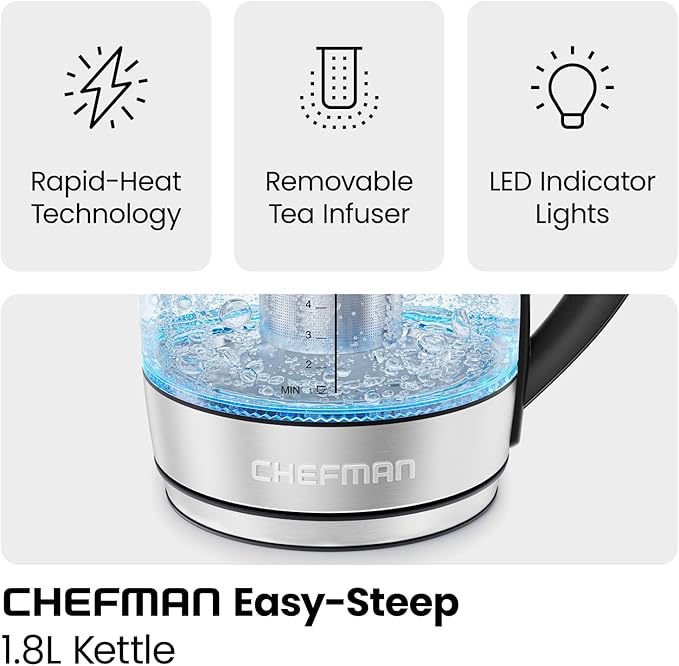 Chefman Electric Kettle for Boiling Water, 1.8L 1500W, Removable Tea Infuser, Auto Shut Off, Boil-Dry Protection, BPA Free, Borosilicate Glass, Hot Water Boiler, Electric Tea Kettle - Stainless Steel