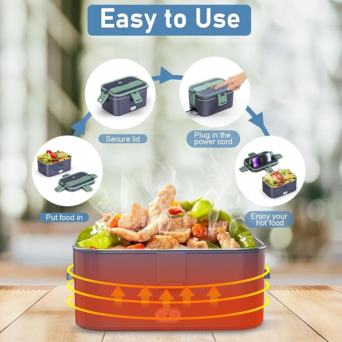 Extra-Large Electric Lunch Box For Adults Holds up to 8 Cups - 80W Heated Lunch Box 1.8L Electric Food Warmers for Travel & Work, Portable Food Warmer - Loncheras Para Hombres De Trabajo