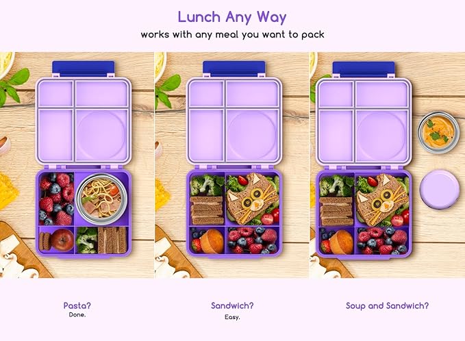Bento Box for Kids - Leak-Proof Bento Lunch Box with Insulated Thermos Food Jar - 4 Compartments, 1 Removable Divider, 1Spoon, 1 Fork - Dishwasher Safe, BPA-Free (Light purple)