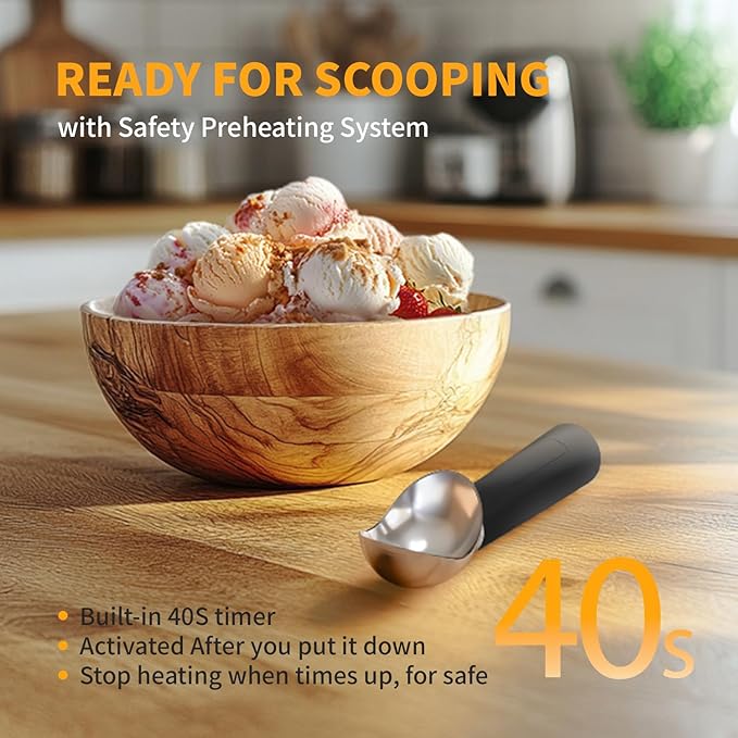 Heated Ice Cream Scoop, Electric Scooper for Hard IceCream, Self Warming Spoon Max to 158℉, Rechargeable Battery, Rust-Proof Metal, Easy to Clean(Black)