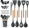 77L 32 PCS Silicone Kitchen Cooking Utensils Set, Non-Stick Cooking Kitchen Utensils Spatula Set with Holder, Turner, Tongs, Spatula, Spoon, Wooden Handle Kitchen Gadgets Utensil Set, Dishwasher Safe