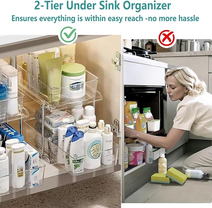 2 Pack Clear Under Sink Organizers, Pull Out Cabinet Organizer,2 Tier Bathroom Storage Organizer,Cabinet Drawers Organization Bins with Track for Kitchen,Pantry,Fridge,Vanity