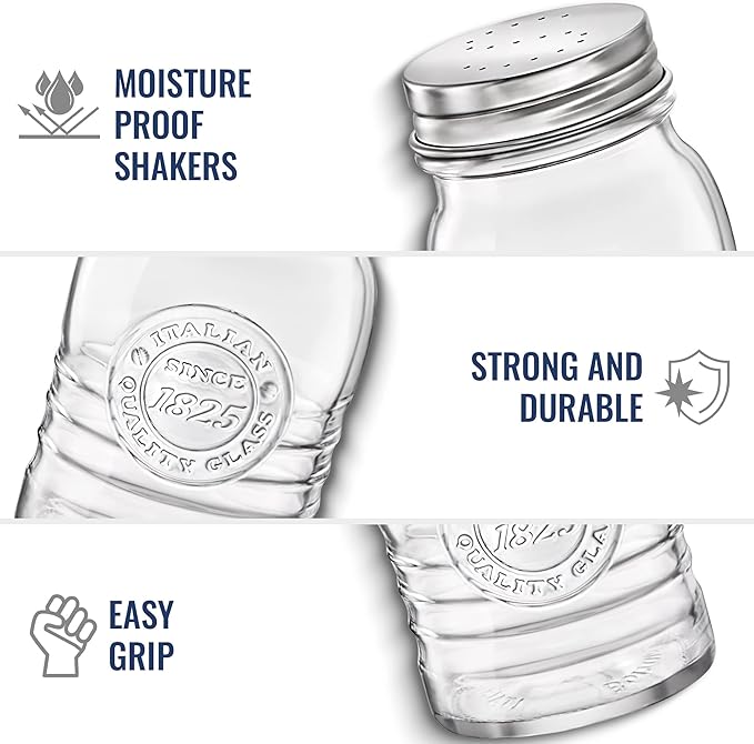 Bormioli Rocco Officina 1825 Salt And Pepper Shaker, Set Of 2, Clear, 8 Oz. Stain Resistant, Durable Glass Jars, Dishwasher Safe.