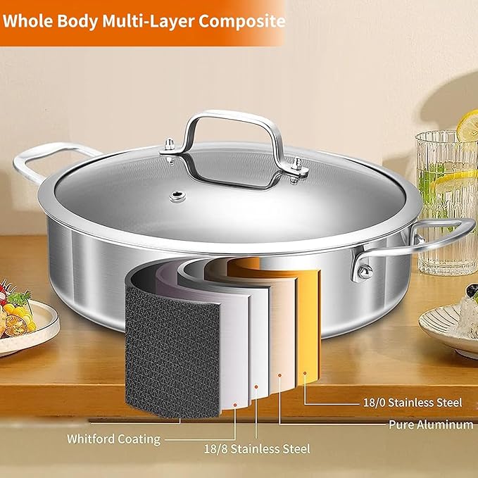 DELARLO Tri-Ply Stainless Steel 7QT Saute Pan 12 Inch Deep Frying Pan with lid Nonstick, Induction Compatible Chef Cooking Pan