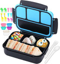 QQKO Bento Box for Kids Adults, School Toddler Lunch Box for Boys Girls, Lunch Box Containers with 4 Compartments, Sauce Container, Utensils, Food Picks and Muffin Cups for School, Black Blue