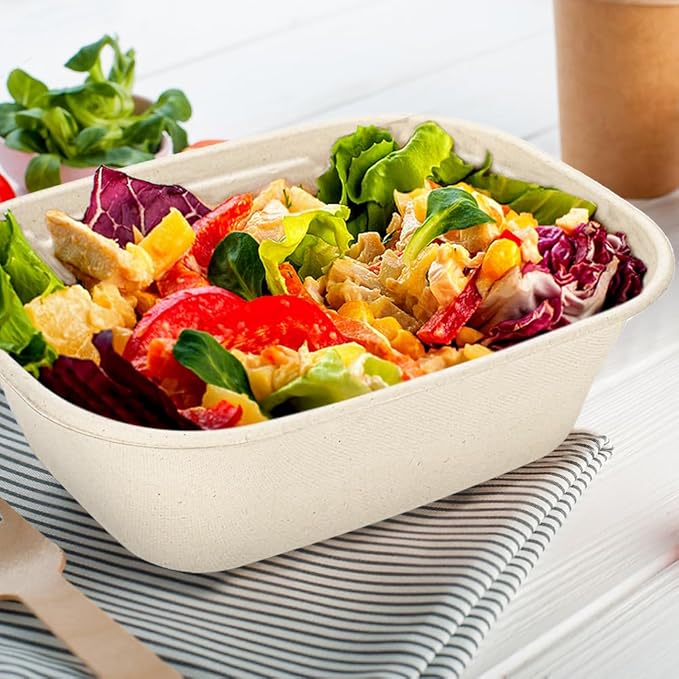 Aksipo 50 Pack 44 Oz Disposable Food Containers with Lids, Compostable Meal Prep Containers with Lids, Leak-proof To Go Food Box Cardboard Take Out Lunch Box Rectangle Paper Bowls for Salad,Leftovers