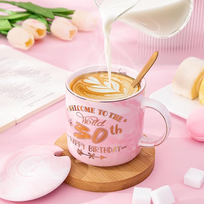 30th Birthday Gifts for Women, Unique Happy 30 Year Old Birthday Gifts Ideas for Women, Wife, Mom, Daughter, Sister, Aunt, Best Friends, BFF, 14Oz Fabulous Pink Marble Mug with Gold Pattern, Gift Box