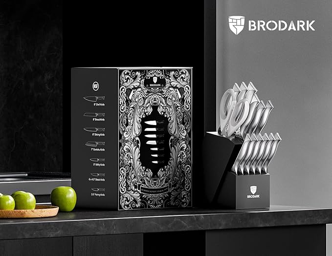 BRODARK Kitchen Knife Set with Block - 15-Piece Knife Block Set with Built-in Sharpener - High Carbon Stainless Steel Kitchen Knives Set for Kitchen - Christmas Gift, Shark Series