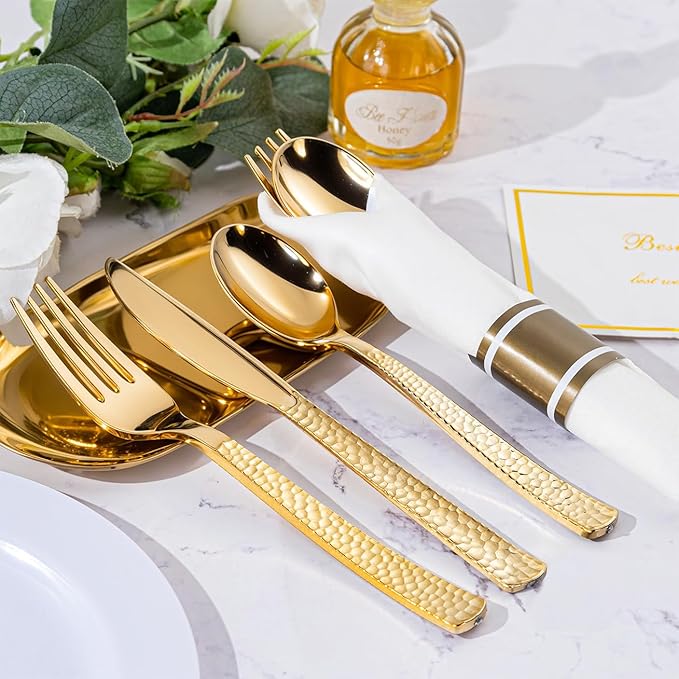 WELLIFE 300PCS Gold Plastic Silverware,Pre Rolled Silverware Set Disposable,Hammer Pattern Design,Plastic Cutlery Includes: 75 Forks, 75 Knives, 75 Spoons, 75 Napkins, Thanksgiving Cutlery