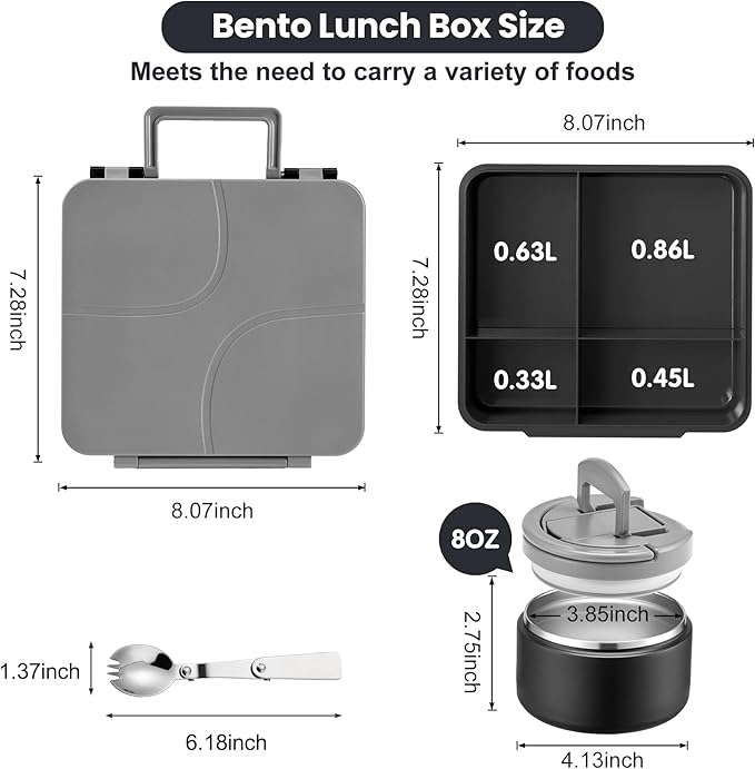Bento Lunch Box for Kids with 8oz Soup Thermo,Kids Leakproof Lunch Food Containers with 4 Compartment,Kid Insulated Thermo Hot Food Jar for School,Trvael-Black
