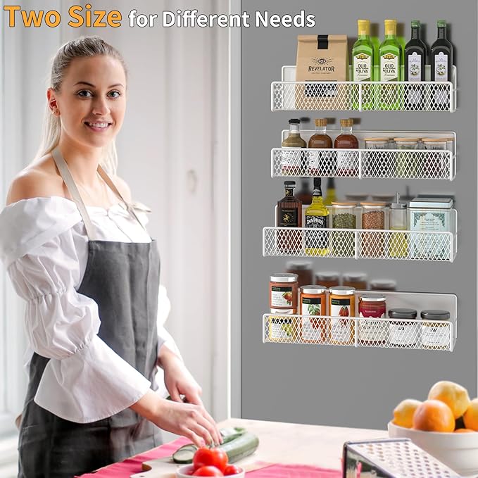 Magnetic Spice Rack for Refrigerator, 4 Pack 100% Metal Strong Magnet Fridge Shelves, Space Saving Spice Organizer, No Drilling Moveable Home Kitchen Laundry Room Storage Organization, White