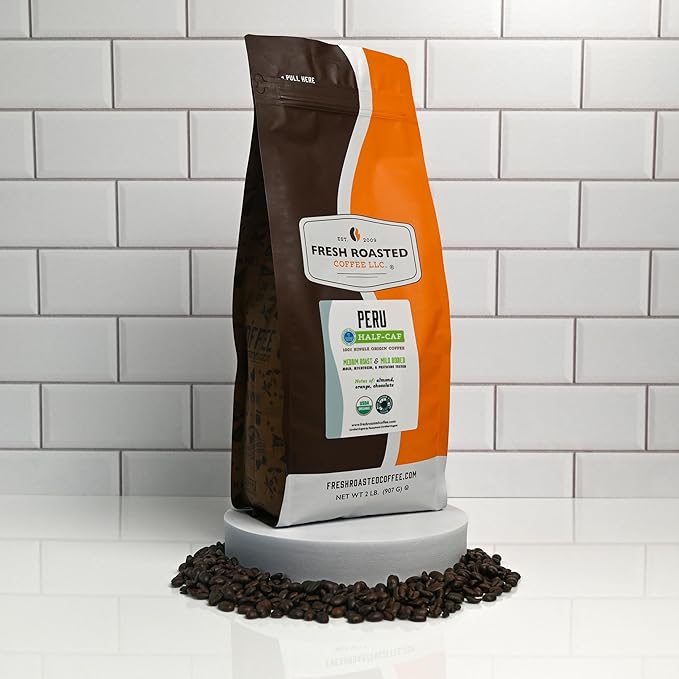 Fresh Roasted Coffee, Organic Peru Water-Processed Half-Caf | Mold & Myco 3rd Party Tested, USDA Organic, Kosher | Med Roast 2 lb (32 oz) Whole Bean