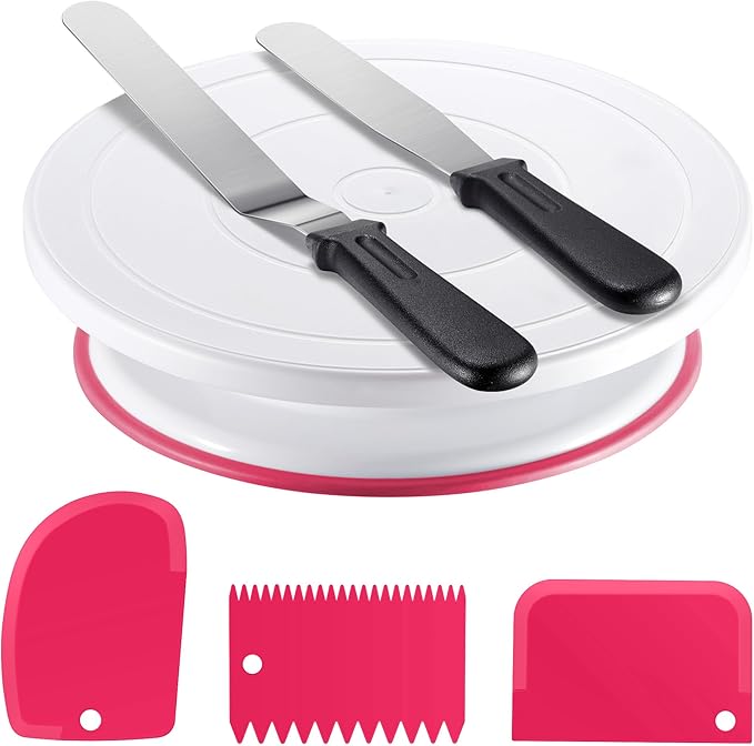 Kootek Cake Decorating Kit Baking Supplies Set Cake Turntable with 2 Frosting Straight Angled Spatula 3 Icing Smoother Scrapers Baking Accessories Tools for Beginners and Pros, Pink